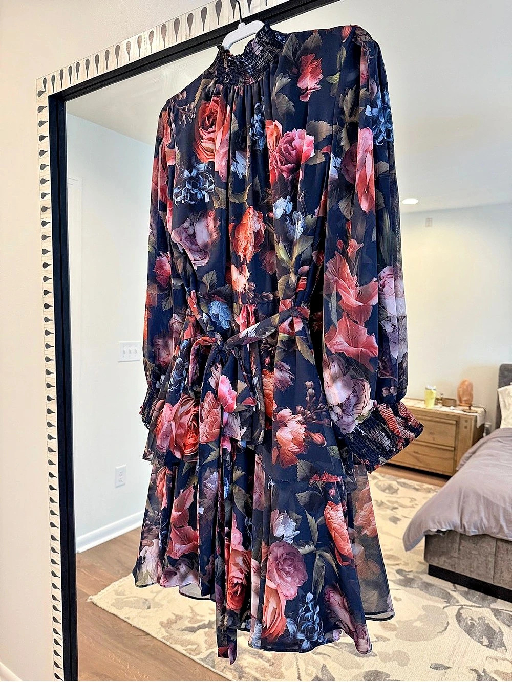 Alex Marie Dark Floral Chiffon Mock Neck Tiered Dress Size 16 Like New